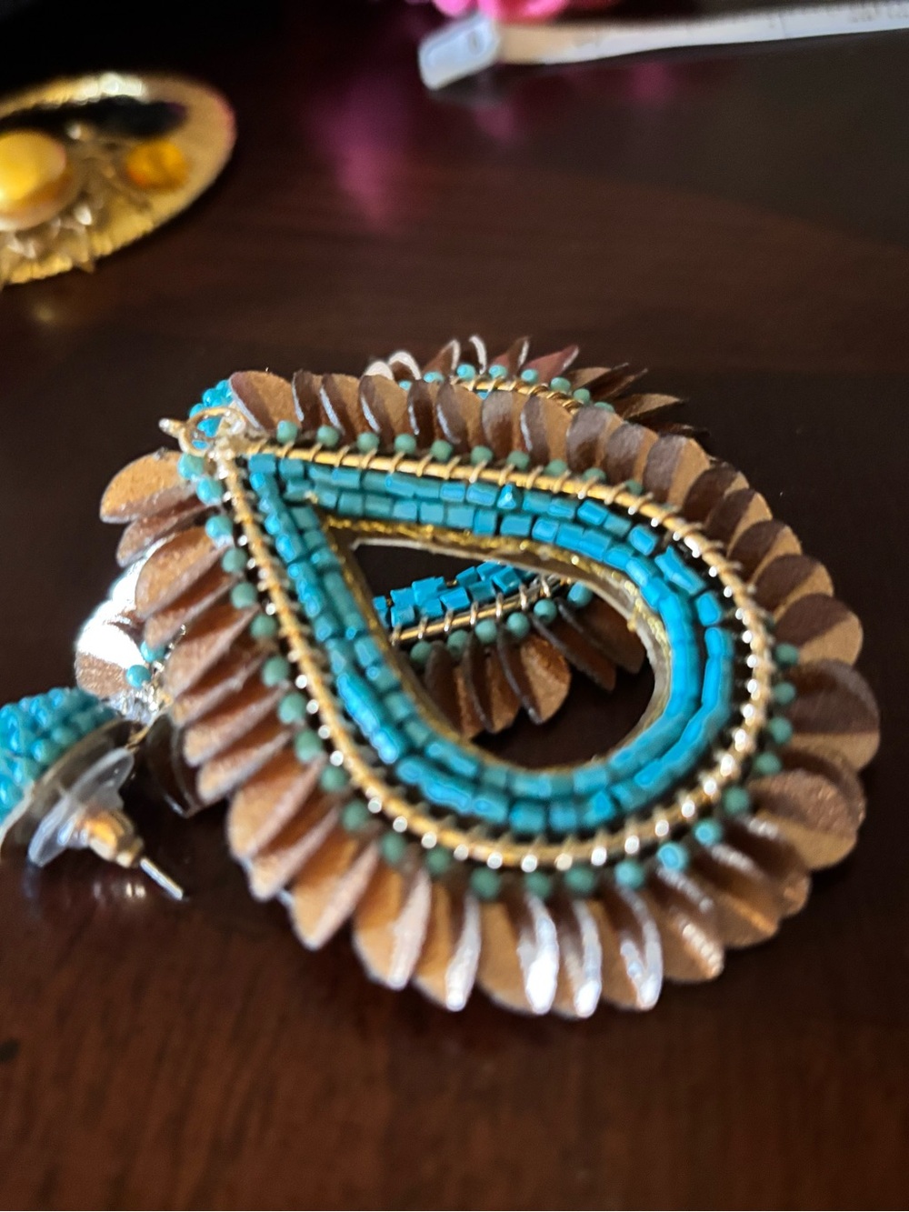 Handcrafted Southwest Teardrop Dangle Earrings with Turquoise Beaded Detail - Picture 2 of 6